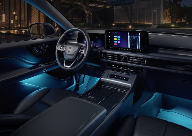Deep blue ambient lighting glows from various places within a 2026 Lincoln Aviator® SUV. | Dave Sinclair Lincoln in Ballwin MO